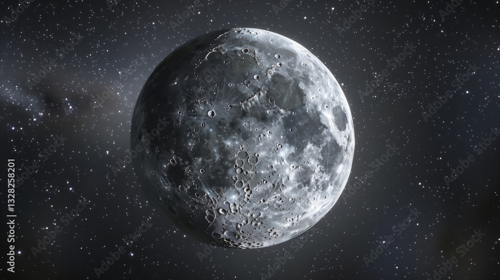 A realistic full moon with visible craters and surrounding twinkling stars, isolated on a pristine white surface with subtle shadows. A realistic full moon with visible craters and surrounding twinkling stars, isolated on a pristine white surface with subtle shadows.