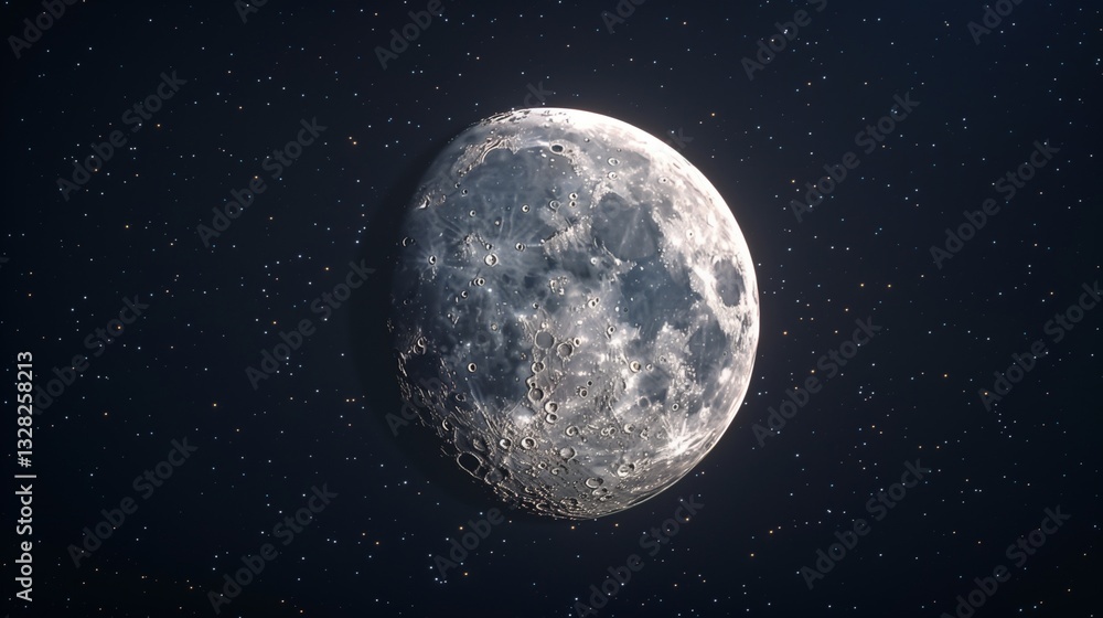 Obraz premium A realistic full moon with visible craters and surrounding twinkling stars, isolated on a pristine white surface with subtle shadows.