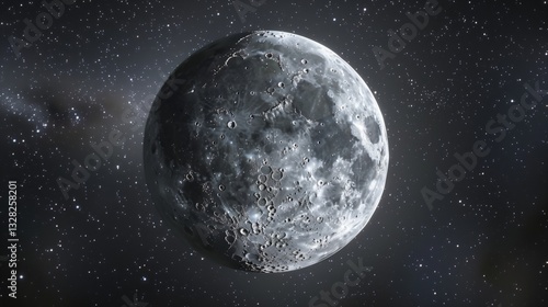 A realistic full moon with visible craters and surrounding twinkling stars, isolated on a pristine white surface with subtle shadows.