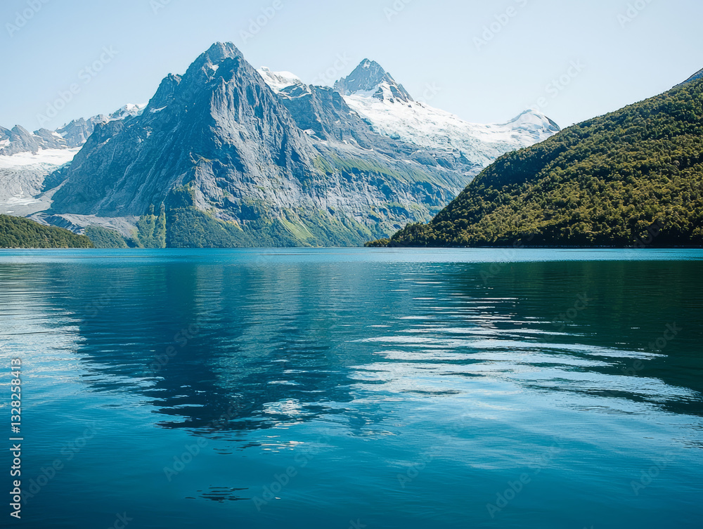 majestic mountain overlooks serene lake, reflecting calm waters and inspiring awe in this tranquil natural landscape