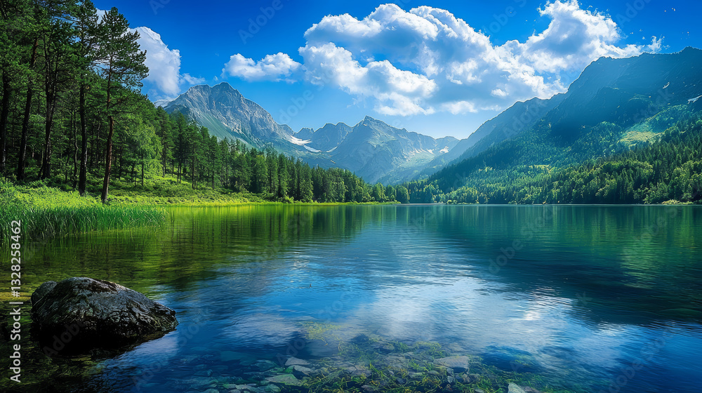 Lake reflects clear sky and mountain range in serene vista, evoking peace and tranquility. verdant forest edges enhance sense of escape