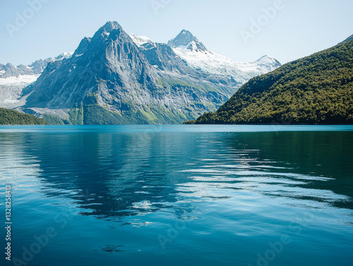 Obraz na płótnie majestic mountain overlooks serene lake, reflecting calm waters and inspiring awe in this tranquil natural landscape w salonie
