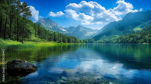Obraz na płótnie Lake reflects clear sky and mountain range in serene vista, evoking peace and tranquility. verdant forest edges enhance sense of escape w salonie