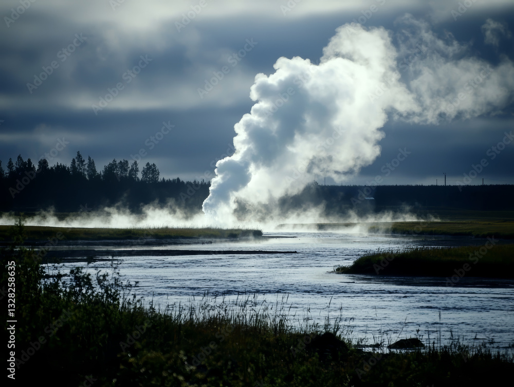 scenic view of large body of water with steam rising, evoking tranquility and wonder, captures powerful, natural landscape