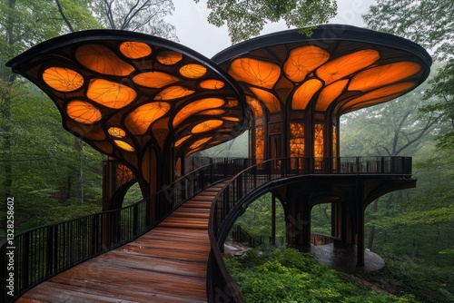 Modern artistic building with unique canopy design in a foggy forest setting