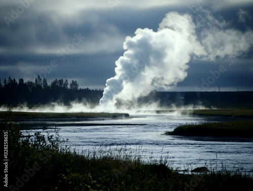 scenic view of large body of water with steam rising, evoking tranquility and wonder, captures powerful, natural landscape