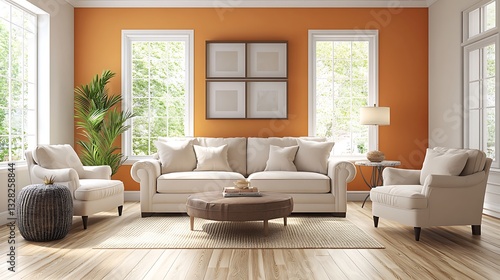 modern villa living room with beige furniture, bright walls, hardwood flooring, and sofa