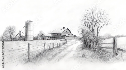 Countryside farm scene, pencil sketch, barn, silo, pathway