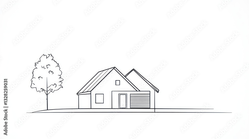 Fototapeta premium Simple sketch of a house and tree, architectural design, suburban home