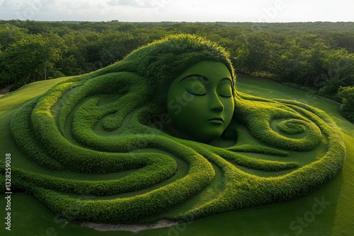 Serene Green Landscape Featuring a Woman's Face Made of Lush Grass and Foliage