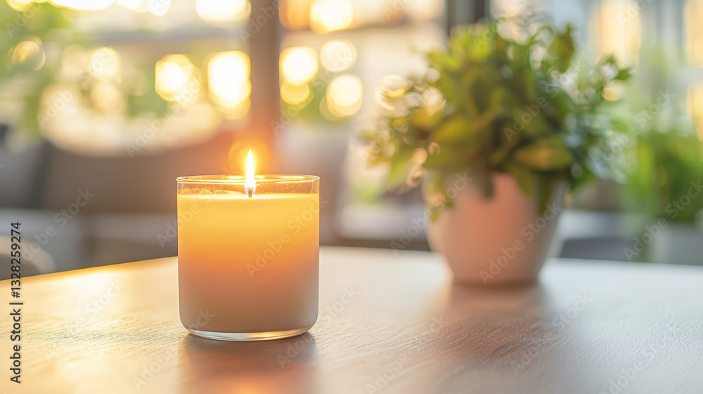 lit candle casts warm, ambient glow, creating serene and inviting atmosphere on table, hinting at peace and tranquility