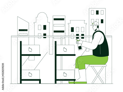 Providing nutrition to newly planted lemon seedlings on specially made shelves. Urban Farming illustration. Flat vector illustration concept.