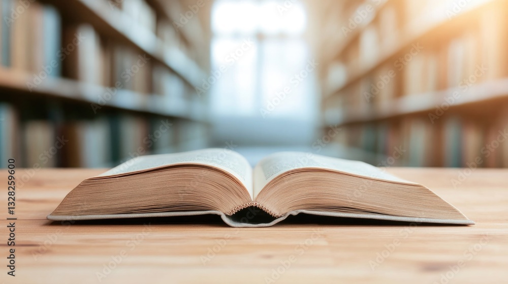 close-up image of well-read book open on wooden table in quiet library corner close-up image of well-read book open on wooden table in quiet library corner