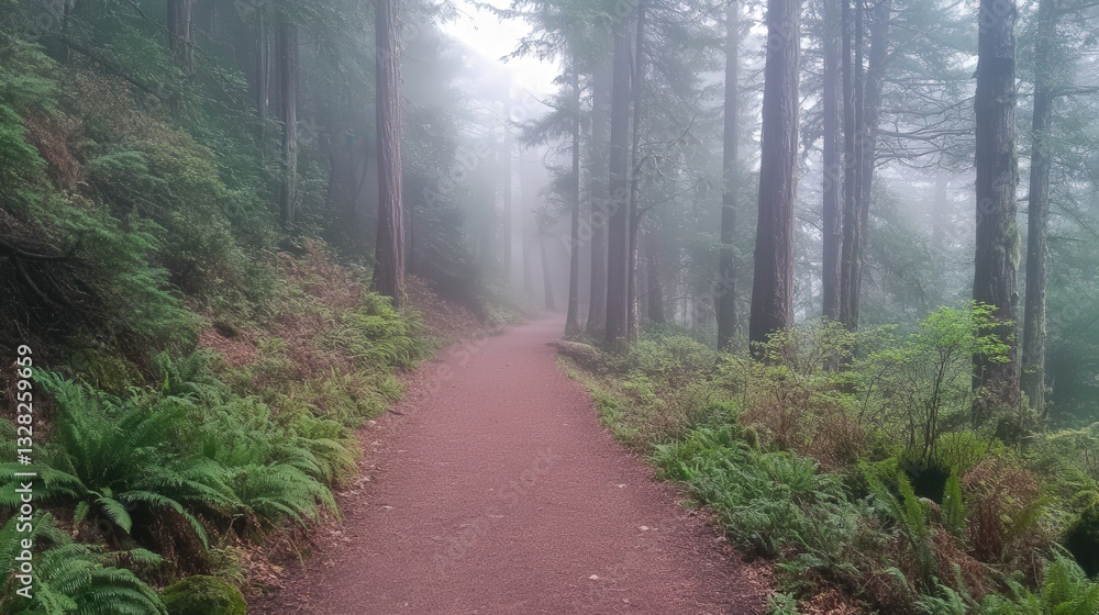 Naklejka premium misty morning trail deep in the forest, where soft sunlight filters through the dense canopy