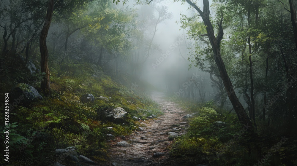 Fototapeta premium misty valley trail, where the air is thick with the scent of damp earth and unseen creatures move in the shadows.