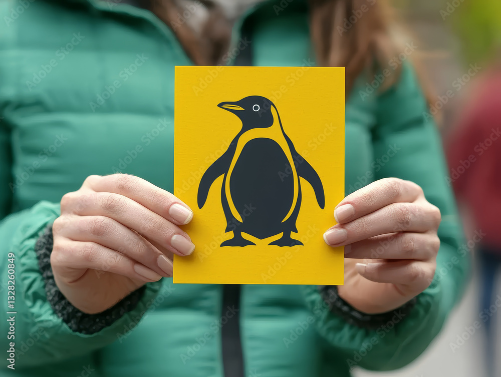 Person holding card Penguin illustration brings smile yellow card pops against greenery, creating lighthearted moment