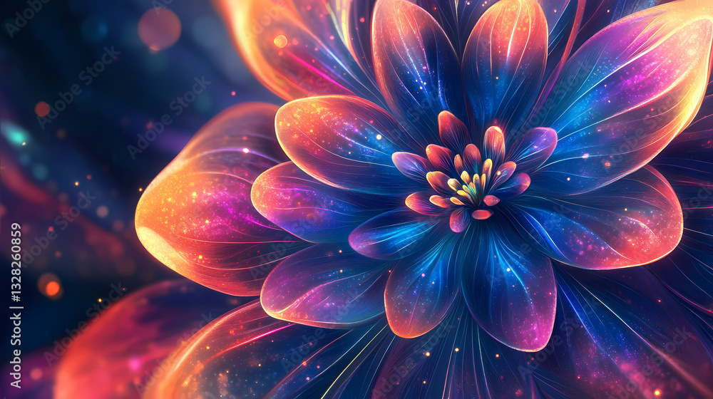 Vibrant, multicolored flower blooming in a cosmic setting, surrounded by sparkling lights and depth