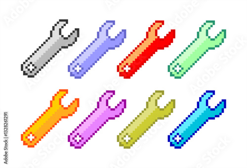 Pixel art of wrench in various color. Repair and service logo. 