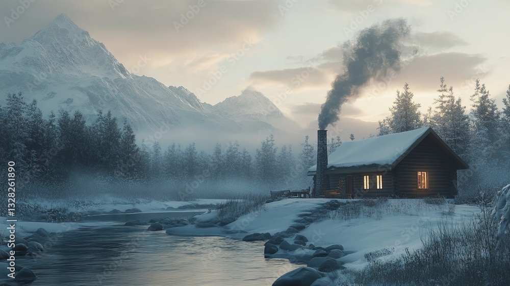 A serene winter cabin with smoke rising from the chimney pic A serene winter cabin with smoke rising from the chimney pic
