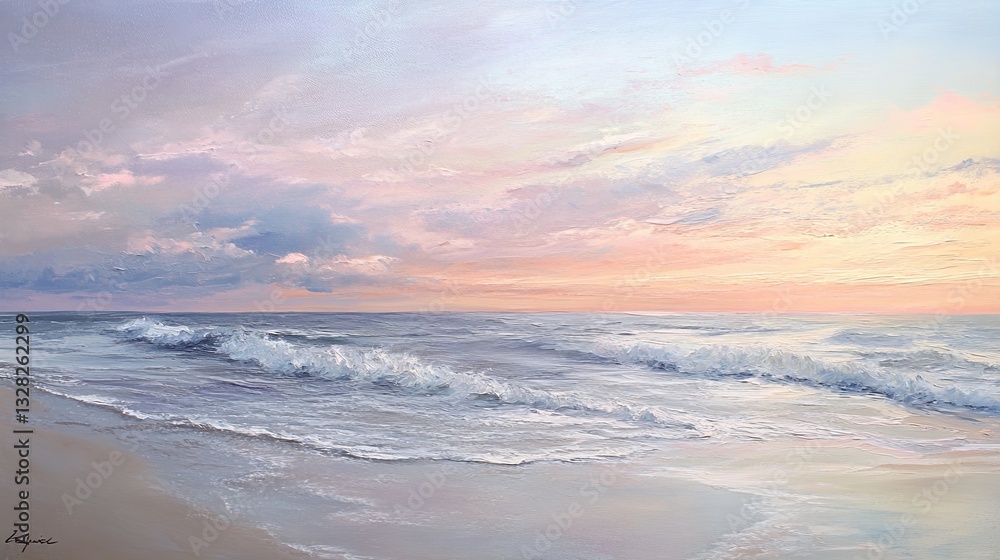A peaceful beach scene with soft waves lapping at the shore, pastel sky colors at dusk. pic A peaceful beach scene with soft waves lapping at the shore, pastel sky colors at dusk. pic