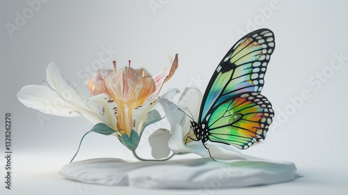 A stunning iridescent butterfly with bold colors resting on a white flower, set against a pure white surface.