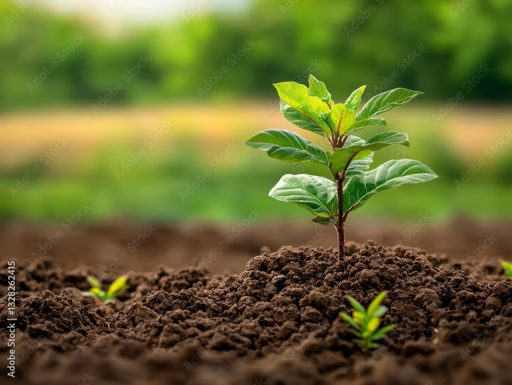 vibrant plant emerges from soil, radiating life and hope against soft, natural backdrop, full of potential growth