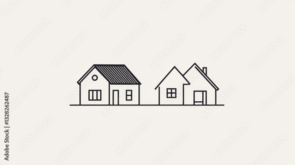 Simple line art illustration of two houses, suburban neighborhood, background for design templates Simple line art illustration of two houses, suburban neighborhood, background for design templates