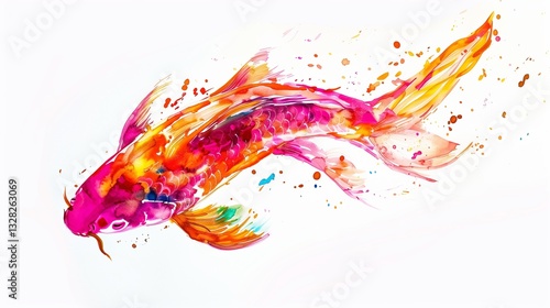 A vibrant, multi-colored koi fish swimming in a clear pond, captured in stunning detail with a white backdrop.