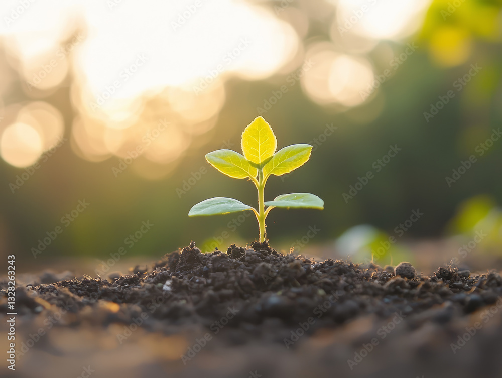 Young plant growing from soil with beaming light, showing signs of life and hope for brighter future ahead, symbolizing growth