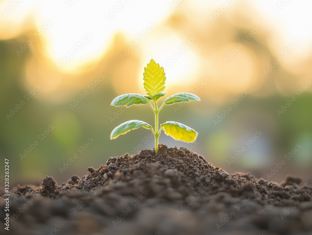 tiny plant emerges from fertile soil, bathed in warm glow of sun, symbolizing new beginnings and hopeful growth