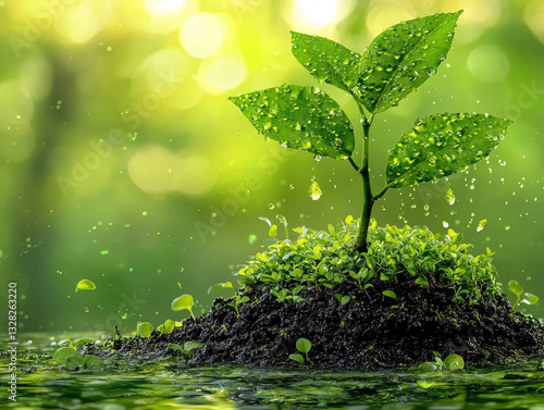 Obraz na płótnie vibrant plant emerges from fertile ground, glistening with moisture and symbolizing hope of new life and growth w salonie