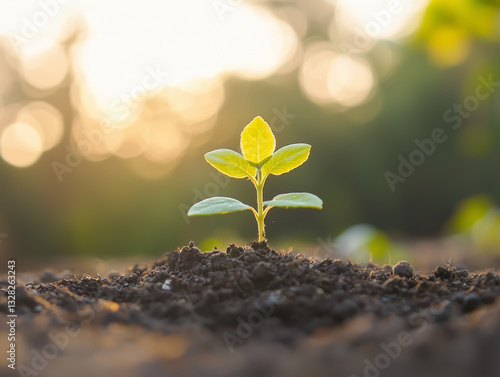 Obraz na płótnie Young plant growing from soil with beaming light, showing signs of life and hope for brighter future ahead, symbolizing growth w salonie