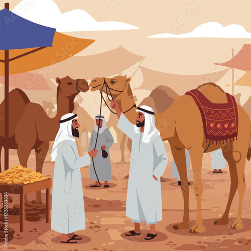 Arabs Trading Camel at Desert Market on Bright Day