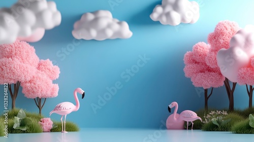Two pink flamingos stand amidst fluffy pink trees and clouds against a light blue background.