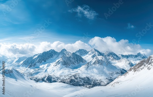 Wallpaper Mural Majestic Winter Landscape Featuring Snow-Capped Mountains Under Clear Blue Sky with Wispy Clouds and Serene Alpine Environment Torontodigital.ca