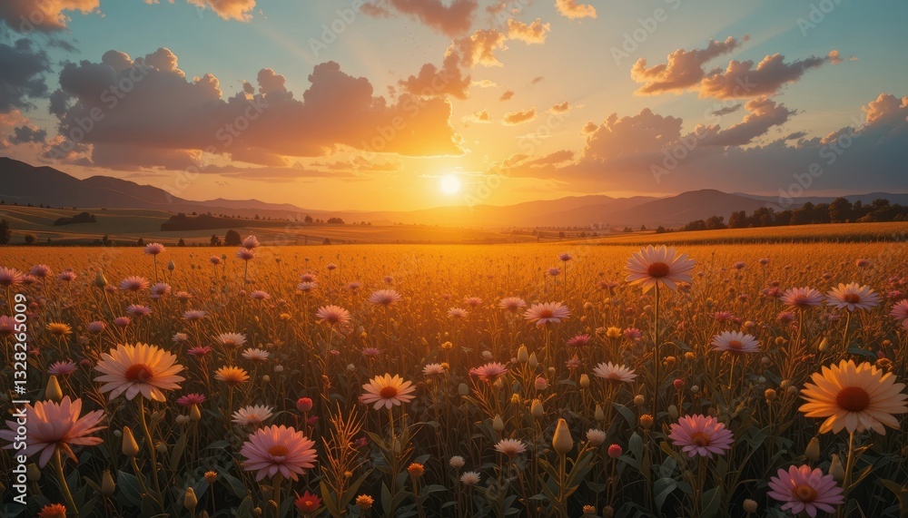 Fototapeta premium Breathtaking sunset over flower field nature landscape vibrant colors tranquil environment scenic view
