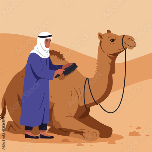 Man Grooming Camel with Brush in Desert Landscape Illustration
