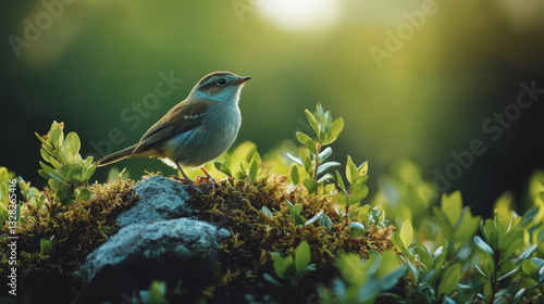 small bird sitting peacefully in middle of lush plant, basking in warm sunlight, creating serene and natural ambiance