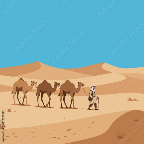 Walking with Camels Through Desert Landscape Under Clear Blue Sky