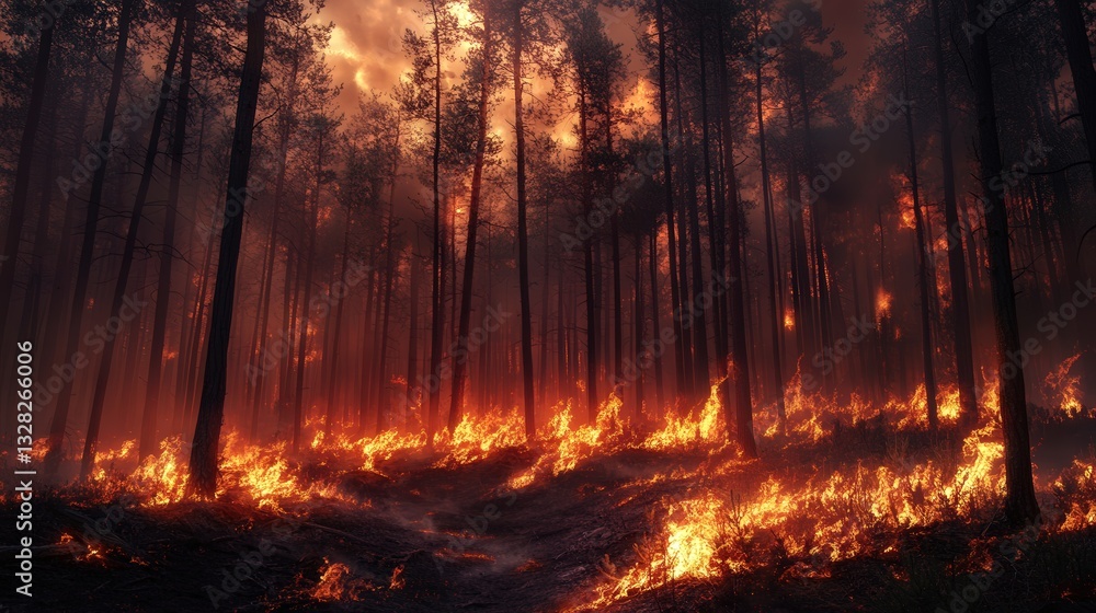fierce forest fire ravaging through a dry pine forest, with the crackling sound of flames and the crackling scent of burning wood filling the air fierce forest fire ravaging through a dry pine forest, with the crackling sound of flames and the crackling scent of burning wood filling the air