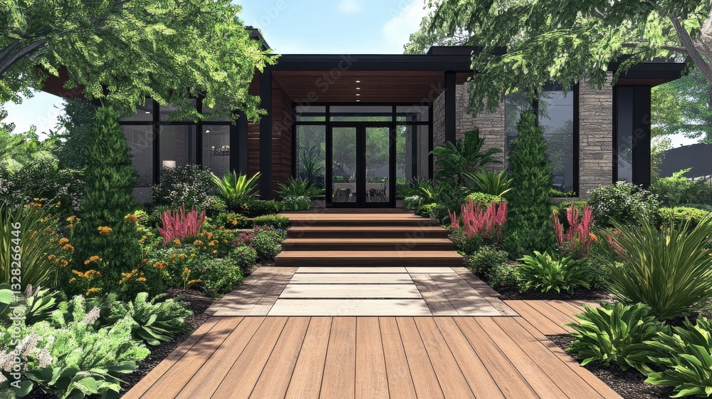 3D modern front yard with a mix of wooden decking, 3D modern front yard with a mix of wooden decking,