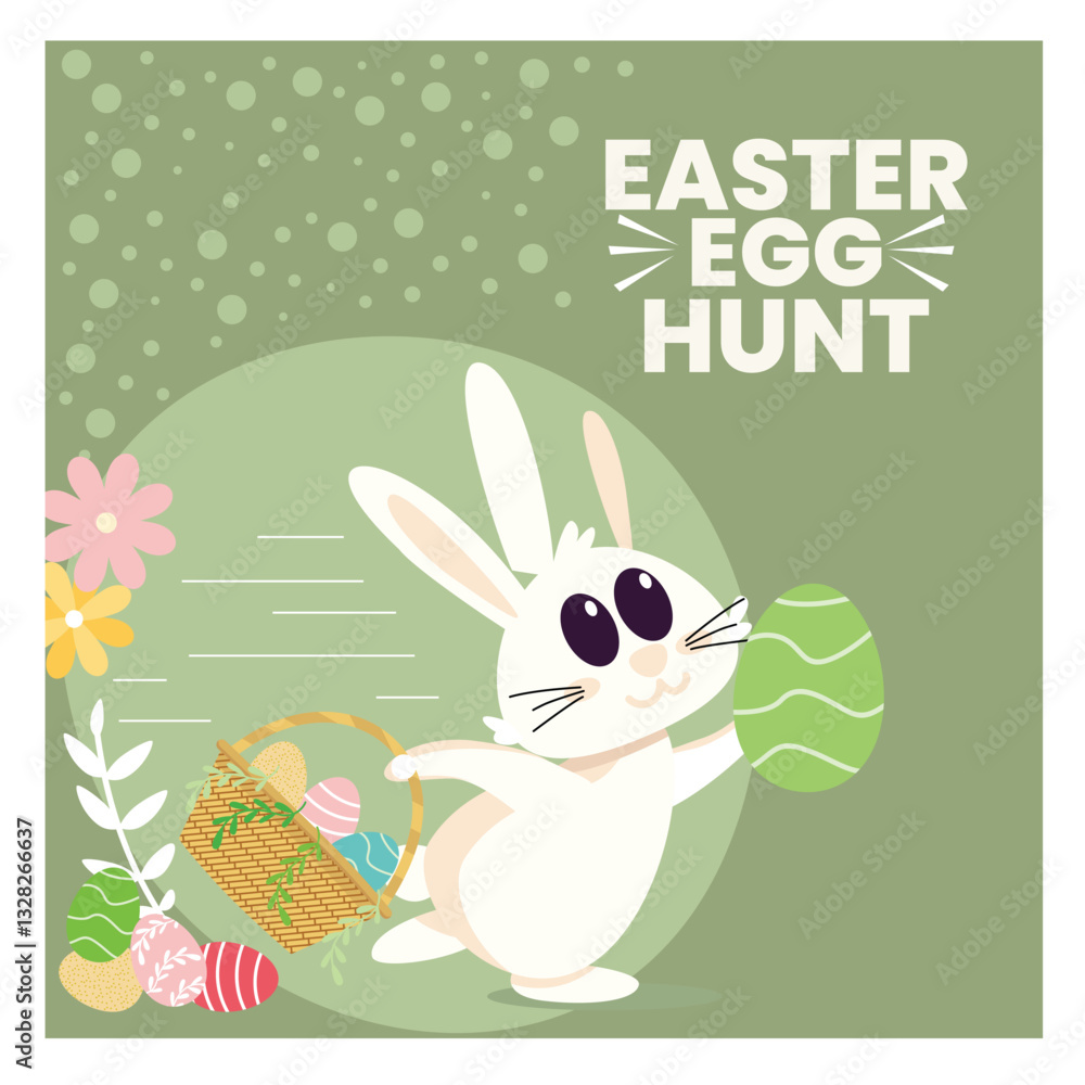 An Easter egg hunt event with the Easter bunny carrying a basket of Easter eggs. An Easter egg hunt event with the Easter bunny carrying a basket of Easter eggs.