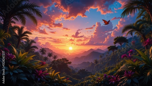 Breathtaking sunset over tropical mountains nature scene lush environment colorful sky serene viewpoint