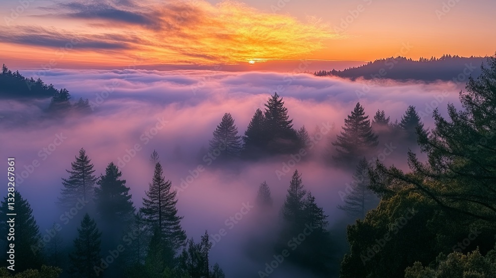 Mystical fog rolling through a dense forest pic