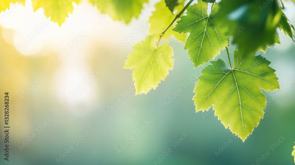 fresh green leaves on vine highlighted against soft-focus background of warm sunlight fresh green leaves on vine highlighted against soft-focus background of warm sunlight