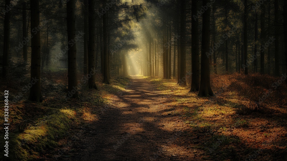 shadowy forest trail where the sunlight barely touches the ground, creating an atmosphere of mystery. shadowy forest trail where the sunlight barely touches the ground, creating an atmosphere of mystery.