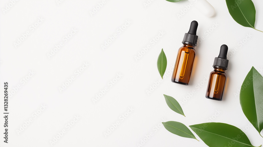 Amber Glass Dropper Bottles with Green Leaves on White Background - Natural Skincare Product Mockup Amber Glass Dropper Bottles with Green Leaves on White Background - Natural Skincare Product Mockup