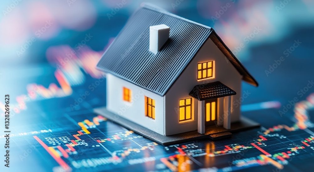 Miniature house model on financial graph background representing real estate investment and market trends for home buyers and property investors. Miniature house model on financial graph background representing real estate investment and market trends for home buyers and property investors.