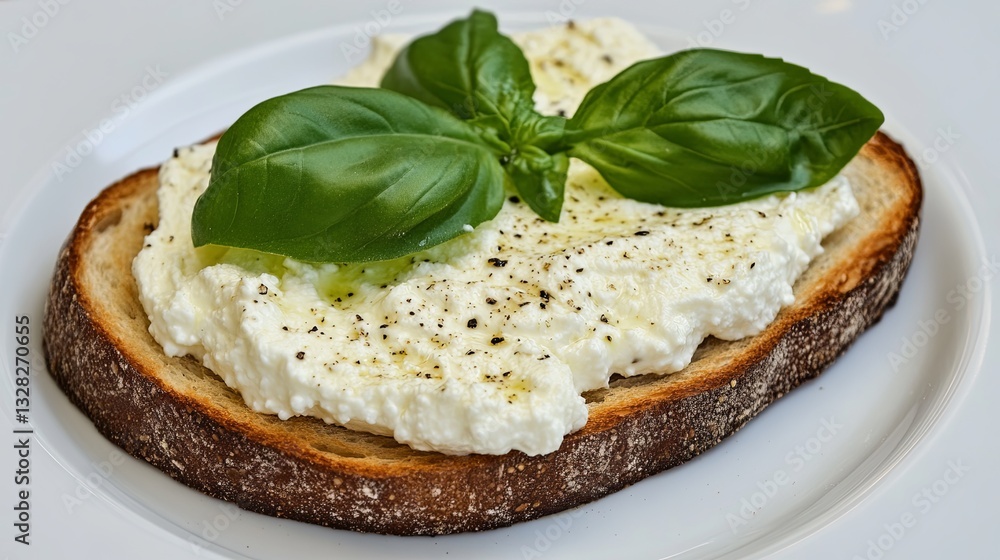 A serving of creamy ricotta cheese on whole-grain toast with fresh basil leaves. picture A serving of creamy ricotta cheese on whole-grain toast with fresh basil leaves. picture
