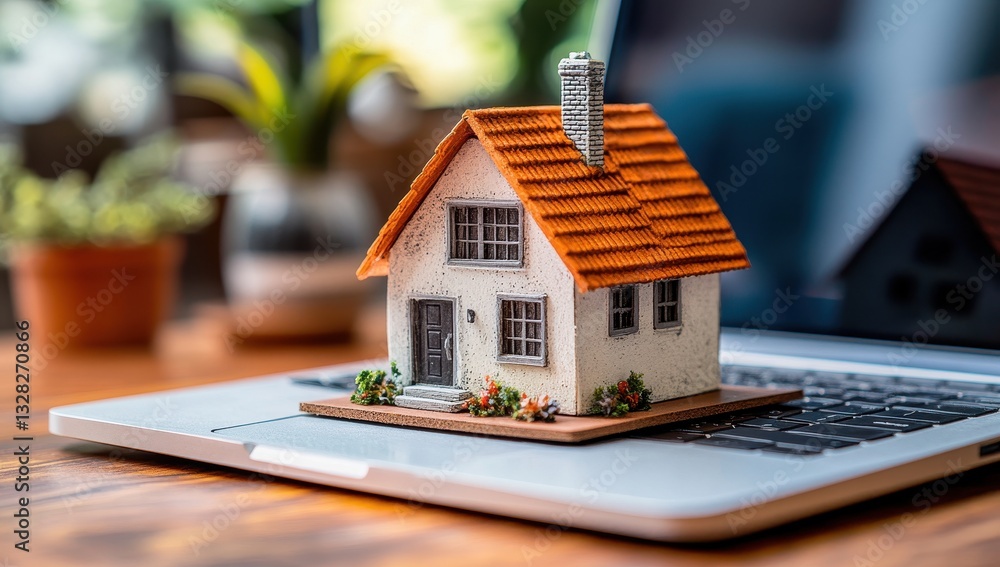 Miniature house model placed on a laptop keyboard representing the concept of real estate, home buying, online transactions, and digital solutions for buyers